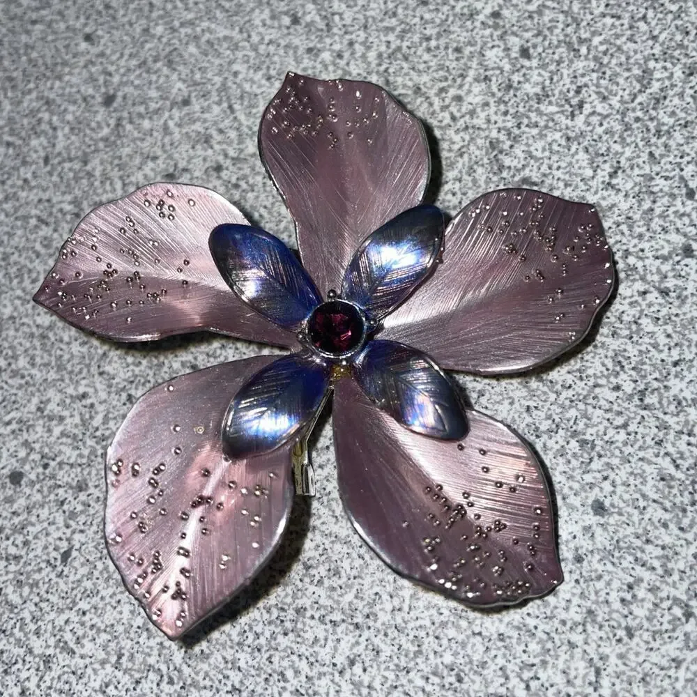 Large Purple Pink Enamel Flower Brooch with accent Rhinestone Floral Pin Vintage